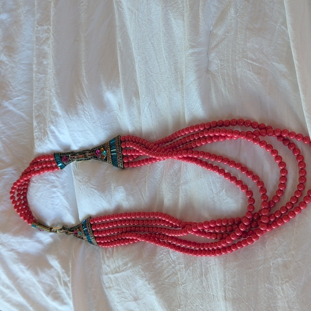 Heidi Daus Necklace Art Deco Faux Coral Red Orange Blue W Extender